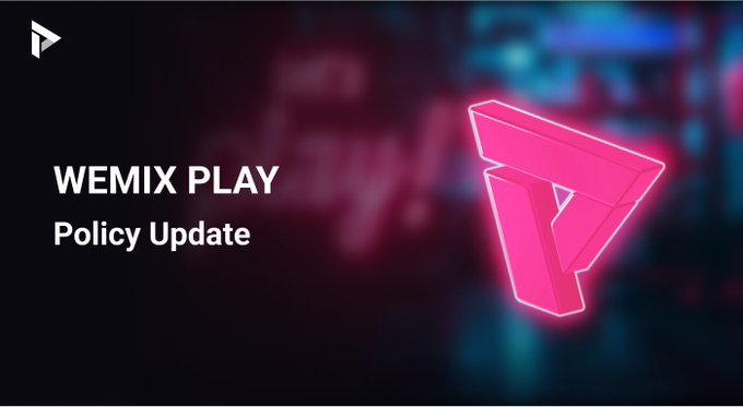 A promotional graphic for WEMIX PLAY with the text 'Policy Update' alongside a pink geometric logo.