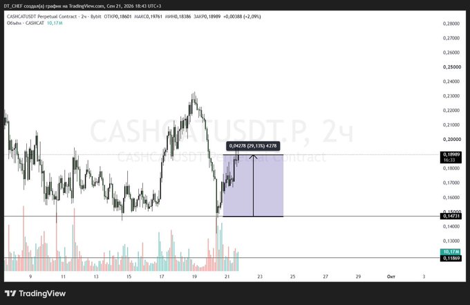 A TradingView chart of CASH/USDT perpetual contract on Coinbase, showing a 24-hour candlestick view with the current price at 0.18969 (up +2.09%), a 29.13% gain marker, and notable volume bars.