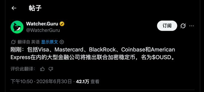 A translated X post from @WatcherGuru announces that major financial companies including Visa, Mastercard, BlackRock, Coinbase, and American Express are launching a joint stablecoin called $OUSD. The post, dated June 30, 2026, has 421,000 views and relates to the user's commentary about Circle holders benefiting from insider knowledge of institutional crypto developments.
