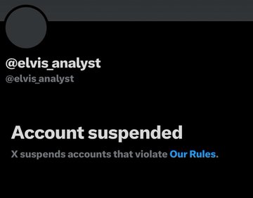 An X (Twitter) account suspension notice for @elvis_analyst, stating 'Account suspended - X suspends accounts that violate Our Rules.'