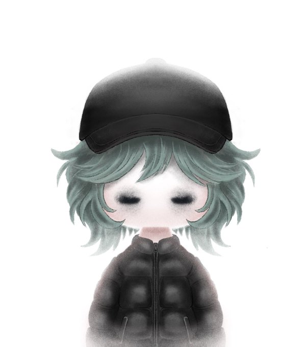 A stylized digital illustration of a character with short teal hair, wearing a black puffer jacket and a backwards black cap, with blank dark eyes and a melancholic expression.