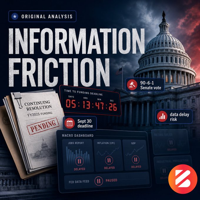 An 'INFORMATION FRICTION' analysis graphic featuring the US Capitol building and a countdown timer showing '05:13:47:26' until the Sept 30 funding deadline, with various data feeds marked as delayed or paused.