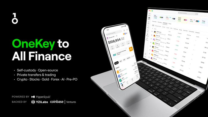 The image is a promotional banner for OneKey, featuring the text "OneKey to All Finance" alongside a laptop and smartphone displaying financial portfolio dashboards, with bullet points highlighting self-custody, private transfers, and crypto/stocks/trading capabilities, backed by Hyperliquid, YZiLabs, Coinbase Ventures, and Ventures. It connects to the post by showcasing OneKey's brand as the company whose Anzen security team identified the critical Ledger vulnerability mentioned in the article.