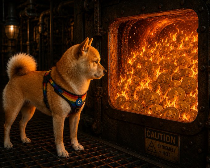 A Shiba Inu wearing a colorful harness stands in an industrial setting, gazing through a porthole window at a fiery furnace filled with burning coins, with a "CAUTION EXTREMELY HOT" sign visible below. The image visually reinforces the post's announcement of burning 1% of the supply, symbolically depicting the token destruction process with coins engulfed in flames.