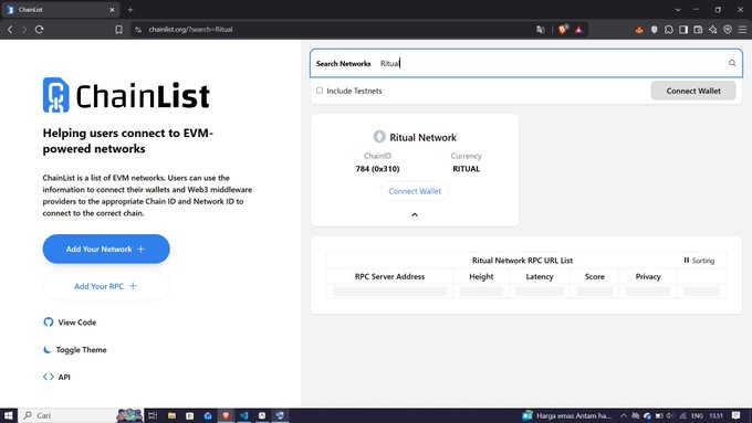 A ChainList website screenshot displays search results for 'Ritual', showing Ritual Network with ChainID 784 (0x310) and its RPC URL list.