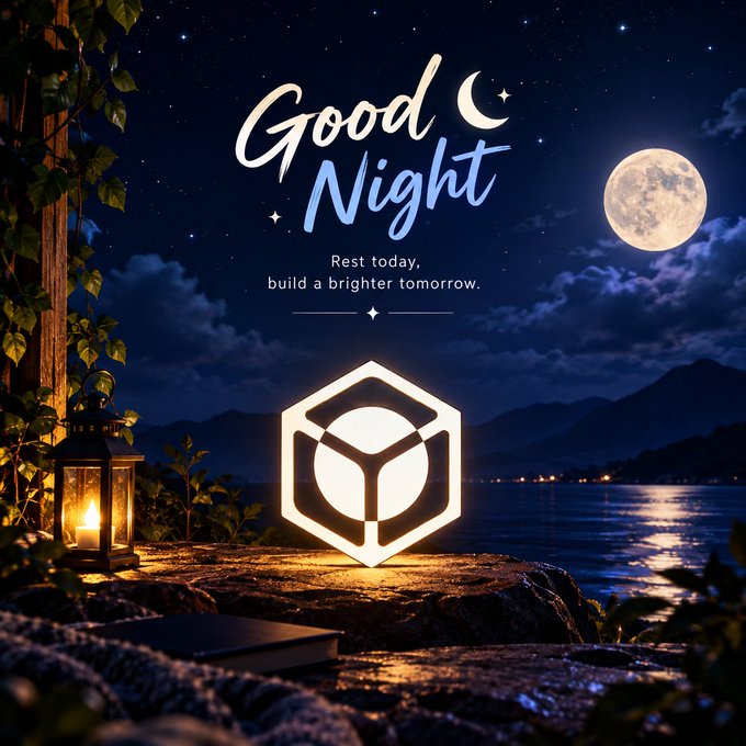 A serene night scene by the water features a glowing hexagonal logo, a lantern on rocks, a large moon, and stylized text reading 'Good Night' with the tagline 'Rest today, build a brighter tomorrow.'