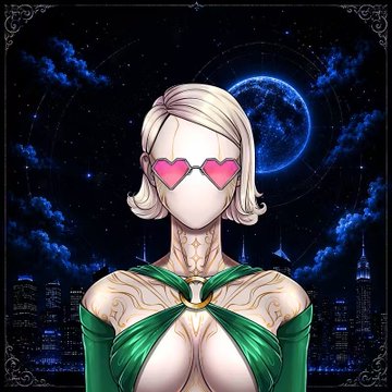An anime-style portrait of a blonde female character with pink heart-shaped sunglasses, a green top, and a cosmic blue background featuring a planet and city skyline.