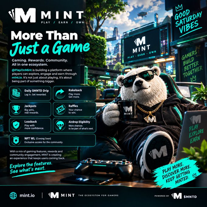 Promotional graphic for the MINT gaming ecosystem featuring a polar bear mascot wearing sunglasses and a gold chain, with text including 'MINT - PLAY / EARN / OWN', 'More Than Just a Game', and features like 'Daily $MNTD Drip', 'Rakeback', 'Jackpots', 'Raffles', 'Lossback', and 'Airdrop Eligibility'.