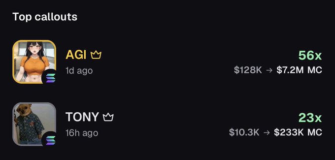 A dark-themed leaderboard titled 'Top callouts' showing two entries: 'AGI' with a 56x return ($128K → $7.2M MC) from 1d ago, and 'TONY' with a 23x return ($10.3K → $233K MC) from 16h ago.