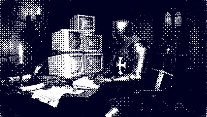 The image features a man sitting at a desk with a sword, surrounded by stacks of computer monitors. The man appears to be wearing a medieval-style outfit, possibly a knight's attire. There are also books scattered around the scene, suggesting that the man might be involved in some form of research or study related to medieval history and technology.