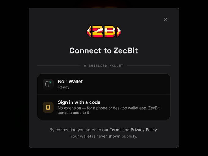 A dark interface modal for ZecBit showing options to 'Connect to ZecBit' via 'Noir Wallet' (Ready) or by 'Sign in with a code' for phone or desktop wallet apps.