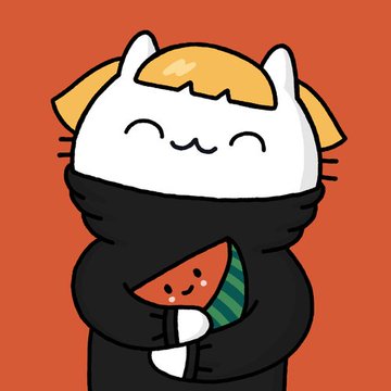A cute cartoon illustration of a white cat character wearing a black hoodie and holding a slice of watermelon against an orange background.