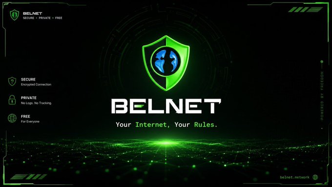 A promotional graphic for BELNET featuring a green shield with a globe logo and the tagline 'Your Internet, Your Rules', highlighting features like Secure (Encrypted Connection), Private (No Logs, No Tracking), and Free (For Everyone).