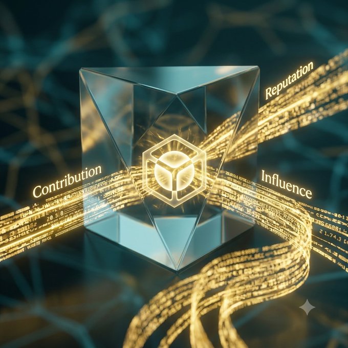 A digital graphic features a transparent crystal-like cube containing a glowing golden hexagonal logo, surrounded by ribbons of golden code with the words 'Contribution', 'Reputation', and 'Influence' floating around it.
