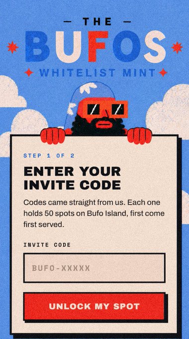 'THE BUFOS Whitelist Mint' landing page featuring a cartoon furry red character with sunglasses, instructing users to enter an invite code (BUFO-XXXXX) to unlock a spot on Bufo Island.