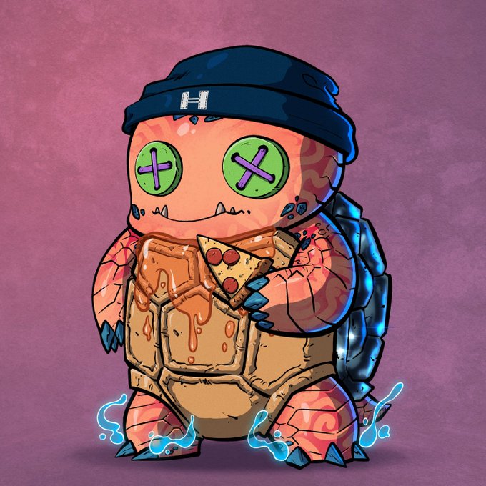 A stylized cartoon illustration of a cracked turtle creature wearing a blue beanie marked 'H', holding a slice of pepperoni pizza, with purple X-shaped eyes and blue energy crackling at its feet.