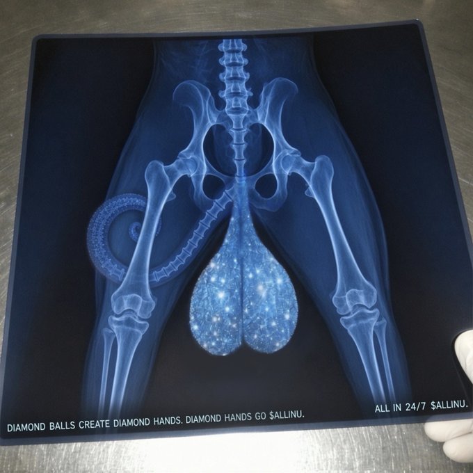 An X-ray style meme image of a pelvis with glowing testicles, captioned 'DIAMOND BALLS CREATE DIAMOND HANDS. DIAMOND HANDS GO $ALLINU.' and 'ALL IN 24/7 $ALLINU.'
