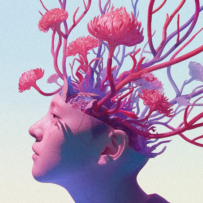 A surreal digital artwork shows a person's profile in profile with red and purple flowers and branches blooming from the top of their head.