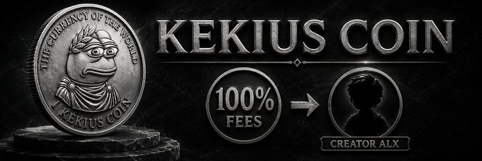 The image features a black and white graphic design depicting an upside-down coin with two figures - a king wearing a crown and a boy holding a shield. The text above the coin reads "KEKIUS Coin" while below it says "100% fees creator ale". This suggests that this community member is selling coins, specifically called "kekius coin", for a fee of 100%.