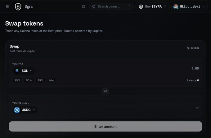 The image shows the "Swap tokens" interface on Syra, with a clean dark-themed UI for swapping SOL to USDC via Jupiter at a 0.50% rate, illustrating the post's point about how Syra simplifies Solana token swapping into a quick, four-step process.