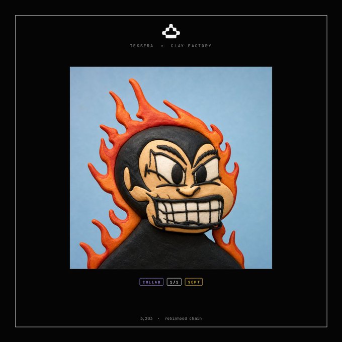 A clay sculpture of a cartoon character surrounded by orange flames on a blue background, credited to 'TESSERA x CLAY FACTORY' with '3,203' by 'robinhood chain' at the bottom.