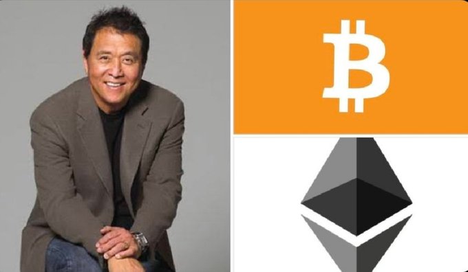 The image features an advertisement for Bitcoin with a man sitting next to it, smiling at the camera. The text in the image suggests that Robert Kiyosaki, a well-known author, is preparing to increase his exposure to gold, silver, Bitcoin, and Ethereum once he sees a confirmed technical reversal. This implies that the market context of the Bitcoin and cryptocurrency world might be important for Kiyosaki's investment decisions.
