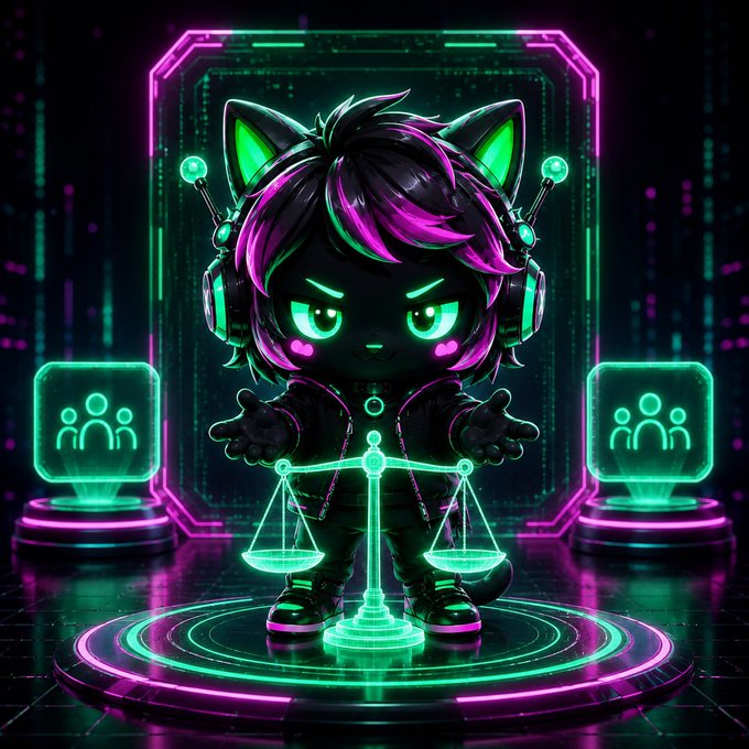 Stylized chibi illustration of a cat-eared character with pink and green hair holding glowing scales of justice, flanked by holographic group icons.