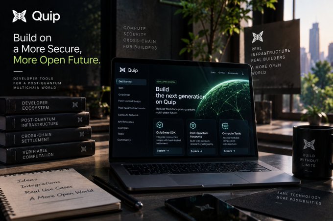 A promotional image for 'Quip' with the headline 'Build on a More Secure, More Open Future' showing a laptop displaying the website, books titled 'DEVELOPER ECOSYSTEM,' 'POST-QUANTUM INFRASTRUCTURE,' and 'CROSS-CHAIN SETTLEMENT,' and a notebook listing 'Ideas, Integrations, Real Use Cases, A More Open World.'