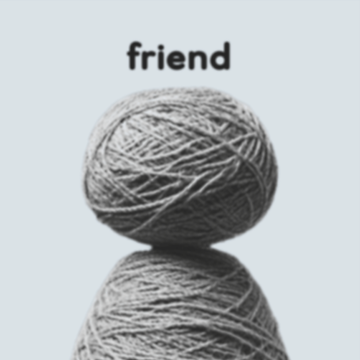 Two stacked gray yarn balls forming a simple figure shape, with the word 'friend' written in bold black text above them on a white background.