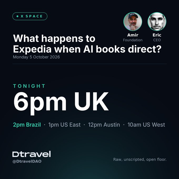 A promotional graphic for an X Space discussion titled 'What happens to Expedia when AI books direct?' featuring speakers Amir (Foundation) and Eric (CEO), hosted by Dtravel (@DtravelDAO) on Monday 5 October 2026 at 6pm UK.