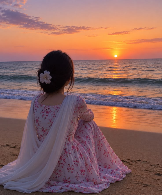 A woman in a pink floral dress and white shawl sits on the beach watching a sunset over the ocean, with a white flower in her hair.