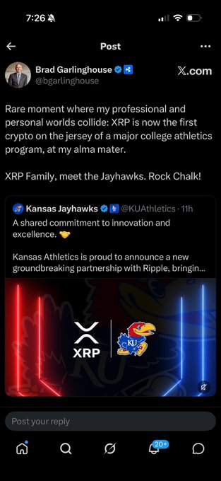 A post by Brad Garlinghouse (@bgarlinghouse) announcing that XRP is now the first crypto on a major college athletics program jersey at his alma mater, quoting a Kansas Jayhawks post about a new partnership with Ripple.