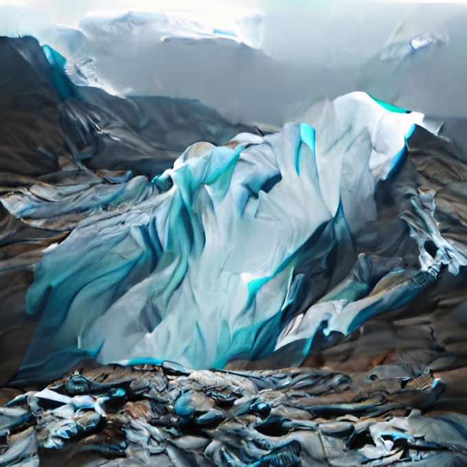 An abstract or AI-generated image depicting a glacier-like landscape with flowing blue and white icy formations surrounded by rocky, textured terrain.