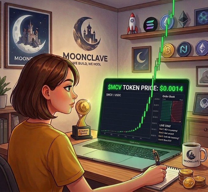 A young woman sits at a laptop displaying $MCV token price data at $0.0014, surrounded by Moonclave-themed artwork, crypto logos, and a "Creator Quest" trophy, illustrating the project's creator rewards ecosystem. The image visually reinforces the post's message about Moonclave's Creators Quest program and the community-driven $MCV token economy.