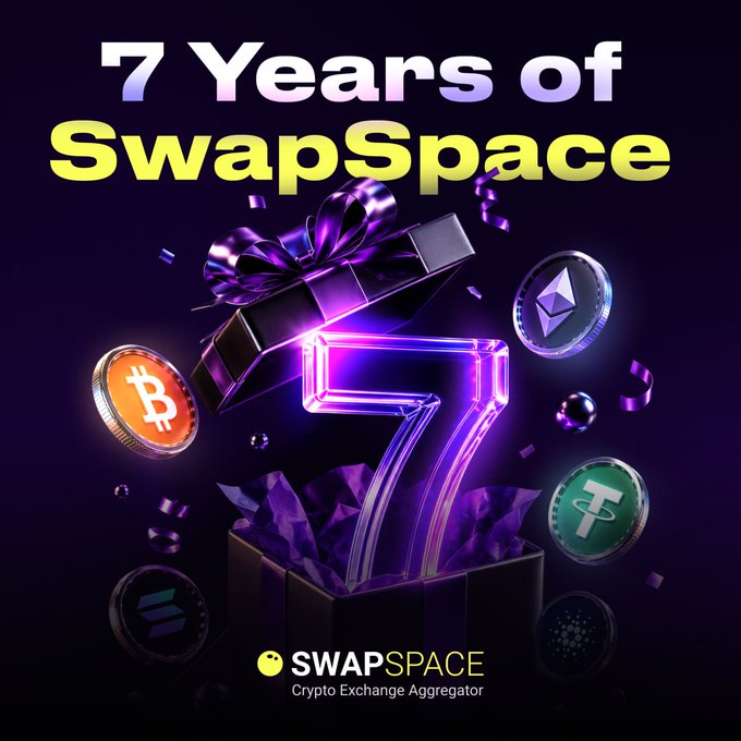 A promotional graphic for '7 Years of SwapSpace' showing a glowing purple number 7 emerging from a gift box surrounded by various cryptocurrency coins including Bitcoin, Ethereum, and Tether.