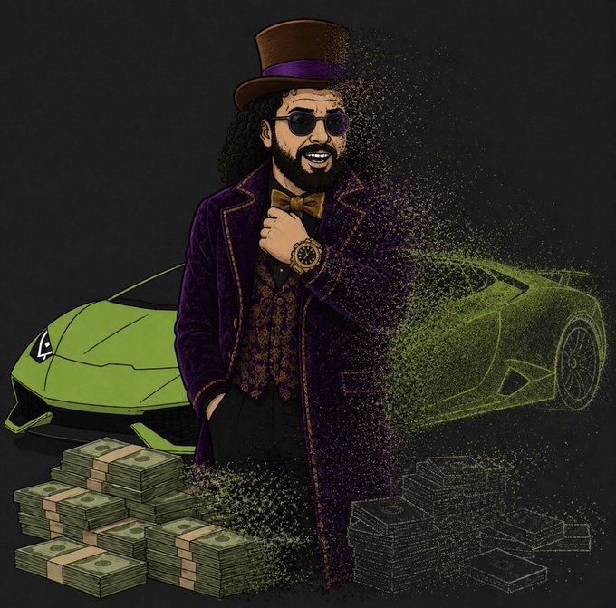 A digital illustration of a man in a purple suit, top hat, and sunglasses, standing between stacks of cash and a green sports car.