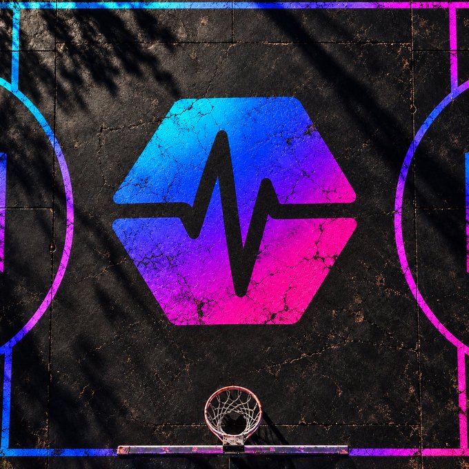 A stylized basketball court image featuring a vibrant blue-to-pink gradient hexagonal logo with a heartbeat/wave design above a hoop.