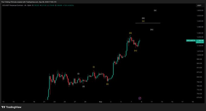 A TradingView chart of ZEC/USDT Perpetual Contract (4h timeframe) displays Elliott Wave labeling with waves (i) through (v) marked, showing price around 1,178.38, supporting the post's bullish outlook that "Higher is coming on ZEC."