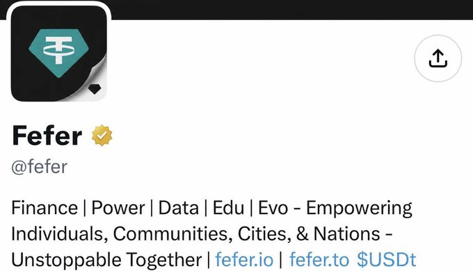 A social media profile card for "Fefer" (@fefer) with a verified badge, displaying a dark logo with a "T" emblem and a bio that reads "Finance | Power | Data | Edu | Evo – Empowering Individuals, Communities, Cities, & Nations – Unstoppable Together | fefer.io | fefer.to $USDt," aligning with the caption's reference to @tether by highlighting the USDt ticker and shared vision of empowerment.
