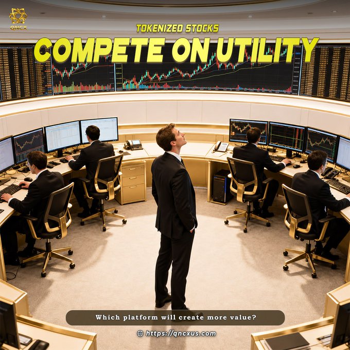 A confident man in a suit stands in the center of a high-tech trading floor, where several traders work at multiple monitors displaying stock charts. Bold text overlays read "TOKENIZED STOCKS" and "COMPETE ON UTILITY," with a caption asking "Which platform will create more value?" alongside the website qncxus.com—reinforcing the post's theme that tokenized stock platforms must race to build real-world utility.