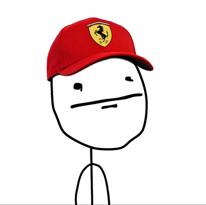 A simple cartoon-style stick figure face with a smug expression wears a red Ferrari cap featuring the prancing horse logo.