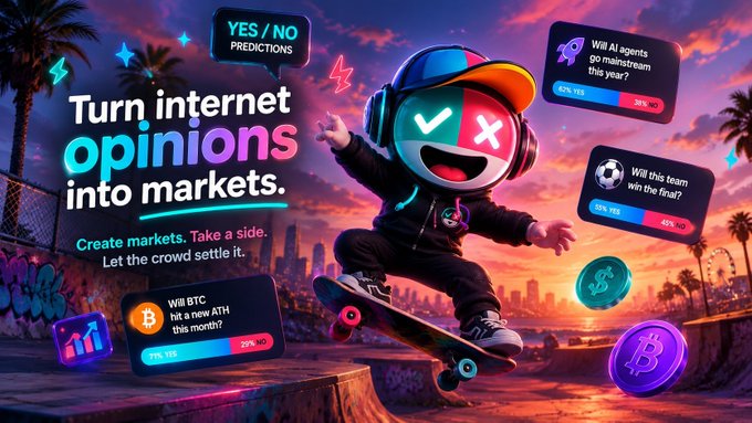 A vibrant, cyberpunk-style promotional graphic featuring a character with a checkmark/X face riding a skateboard, with the text 'Turn internet opinions into markets' and various 'YES / NO PREDICTIONS' boxes floating around.