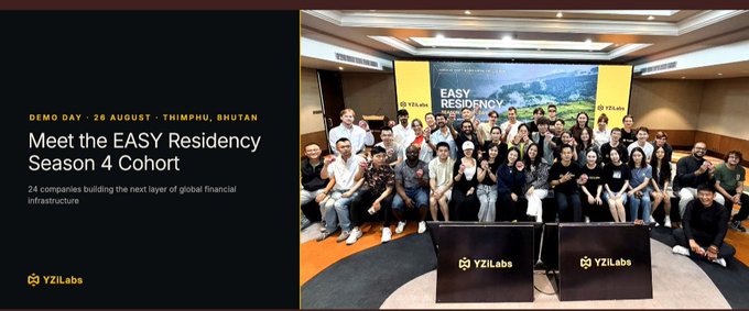 A group photo from the YZi Labs EASY Residency Season 4 Cohort Demo Day held on 26 August in Thimphu, Bhutan, featuring 24 companies building the next layer of global financial infrastructure. While the image showcases the full cohort, the accompanying post highlights Primus Labs as a standout participant in Web3 privacy infrastructure among the group.