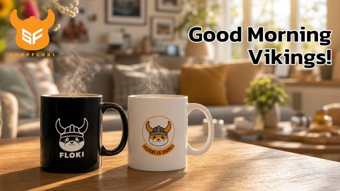 Two steaming coffee mugs—one black featuring a white "FLOKI" Viking logo and one white with "FLOKI IS RIDER" text—sit on a cozy wooden table, promoting the Floki Shop at shopfloki.com alongside the "Good Morning Vikings!" greeting and #SHOPFLOKI branding.