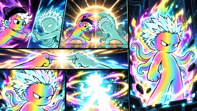 A colorful multi-panel cartoon shows two anthropomorphic, neon-gradient characters colliding and transforming amid bright energy effects, lightning, and glowing rings.