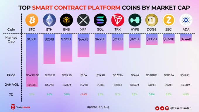 An infographic titled 'TOP SMART CONTRACT PLATFORM COINS BY MARKET CAP' displaying data for BTC, ETH, BNB, XRP, SOL, TRX, HYPE, DOGE, ZEC, and ADA, updated on August 8th.