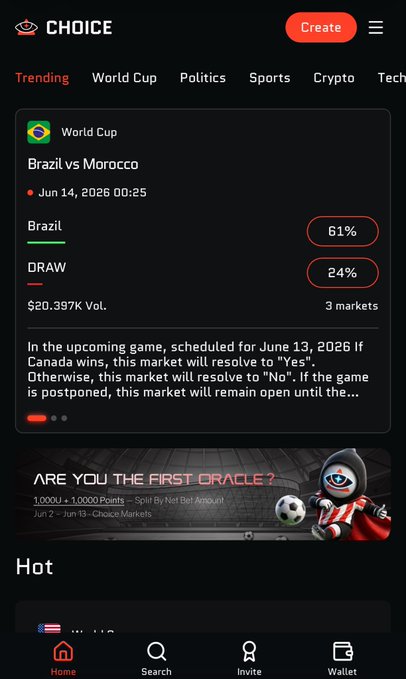 The image shows a smartphone screen displaying a website called "Choice" with a list of sports events, including soccer games between Brazil and Morocco. The user's attention has been drawn to this particular event due to its novelty or uniqueness. The text on the screen suggests that the website is offering an early update for users who are interested in discovering new platforms or exploring new opportunities. This could be particularly appealing to those who enjoy staying up-to-date with the latest trends and developments in various fields, including sports events.