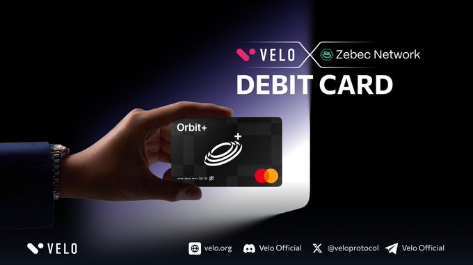 A hand holds up a sleek black "Orbit+" debit card branded with the Mastercard logo, set against a dark background featuring "VELO × Zebec Network DEBIT CARD" branding—visually reinforcing the post's message of bringing real-world utility to digital assets through a familiar payment method.