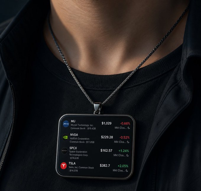 A close-up photo shows a person wearing a black shirt with a digital pendant displaying stock tickers including MU ($1.029, -0.66%), NVDA ($229.28, -0.52%), SPCX ($162.57, +1.24%), and TSLA ($382.7, +2.05%).