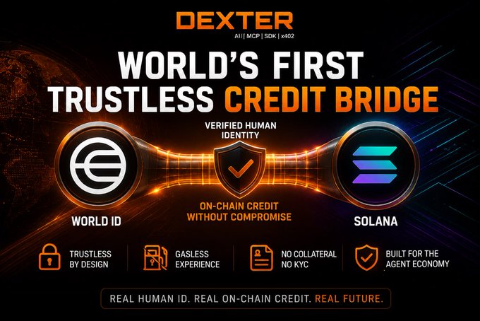 A promotional graphic for 'DEXTHER' advertising the 'World's First Trustless Credit Bridge' connecting World ID and Solana, offering on-chain credit without KYC.